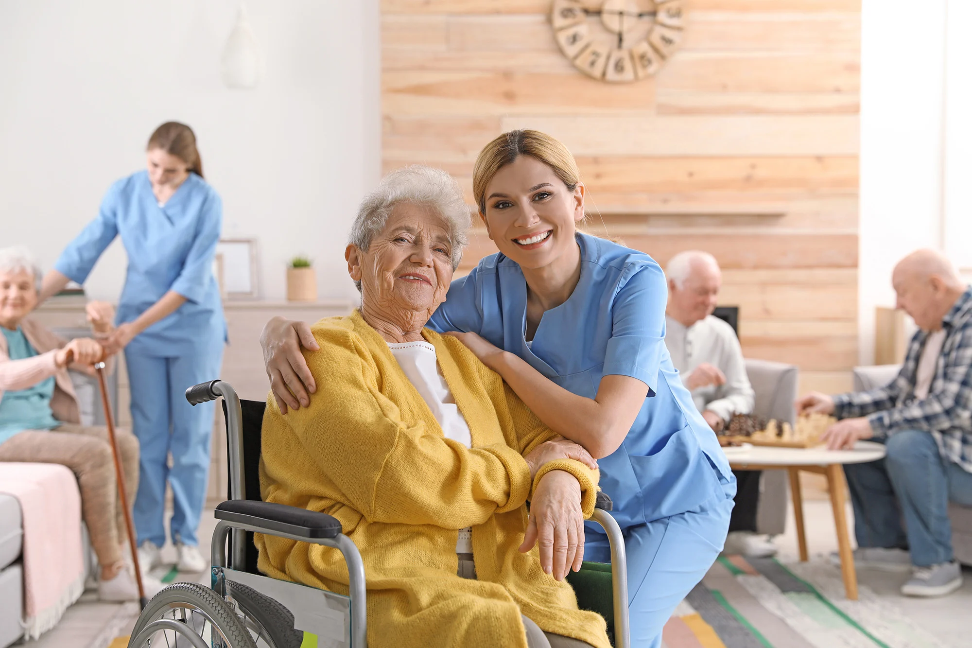 Home-care-nurse-supporting-lady